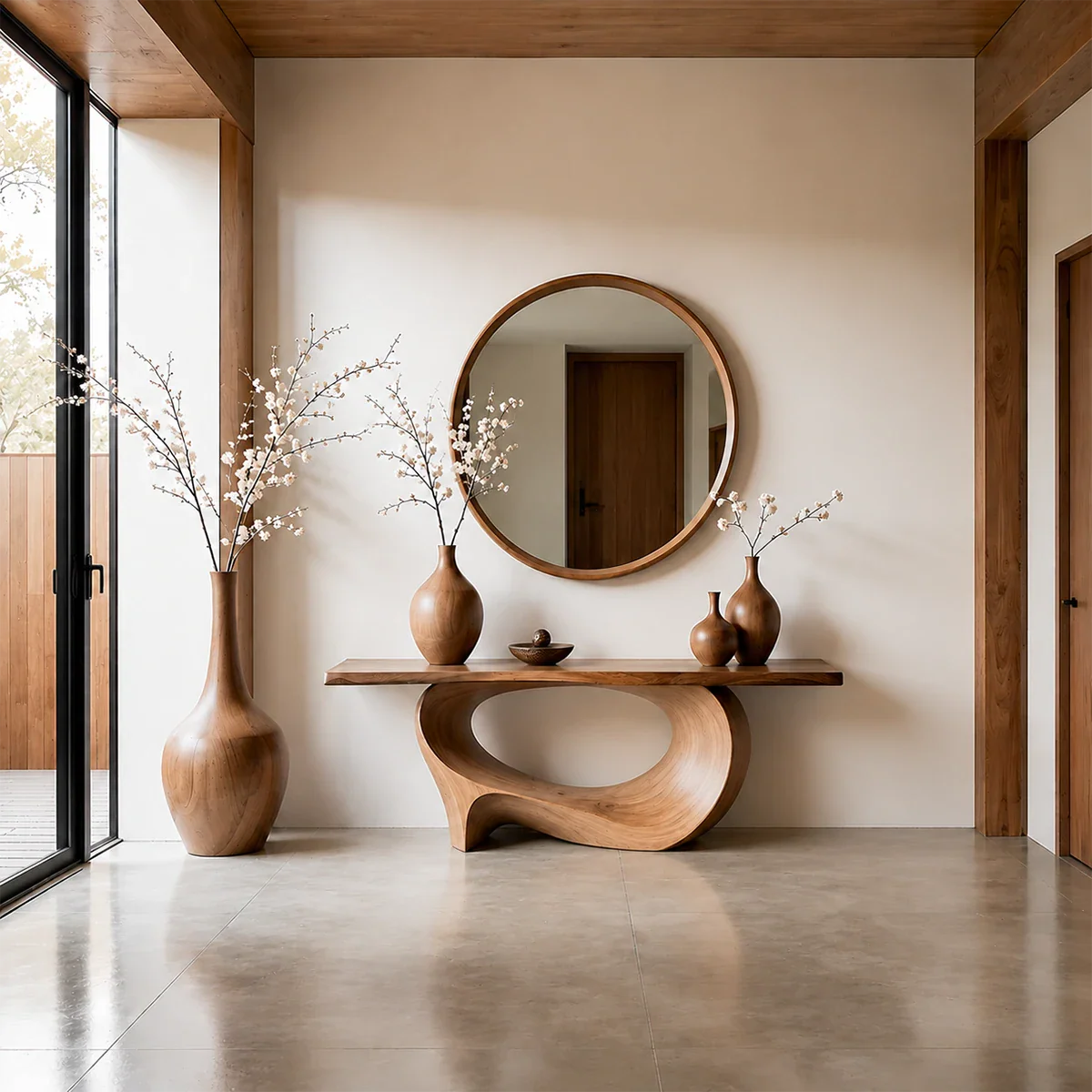 Natural Solid Wood Console Table Sculptural Low Oval Base Design