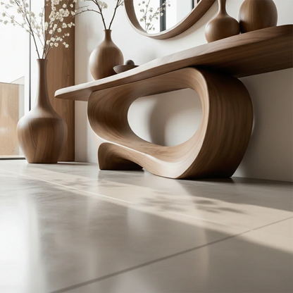 Elegant walnut console table with curved twist pedestal