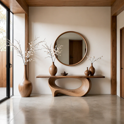 Natural Solid Wood Console Table Sculptural Low Oval Base Design