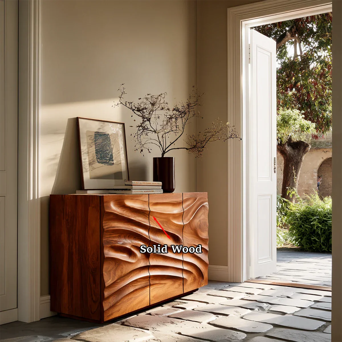Sculpted buffet sideboard with flowing organic texture for Mediterranean inspired interiors