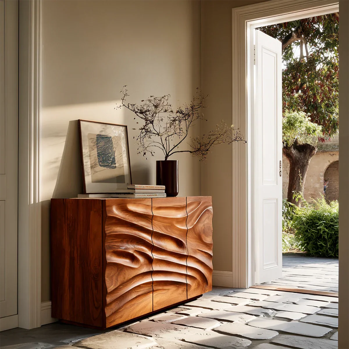 Sculptural wave sideboard cabinet with carved storage doors for luxury modern interiors