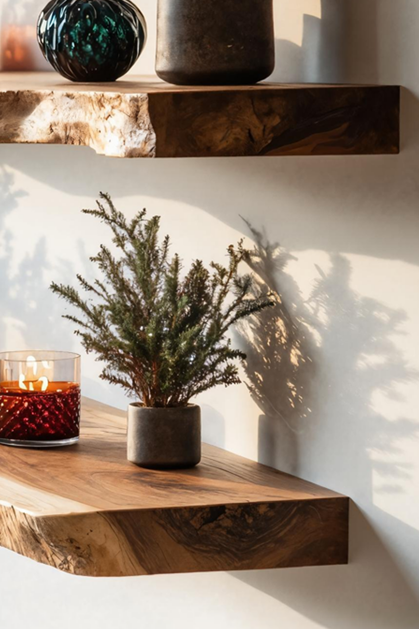 Mid Century Wooden Floating Shelf For Cozy Christmas Bedroom Setup