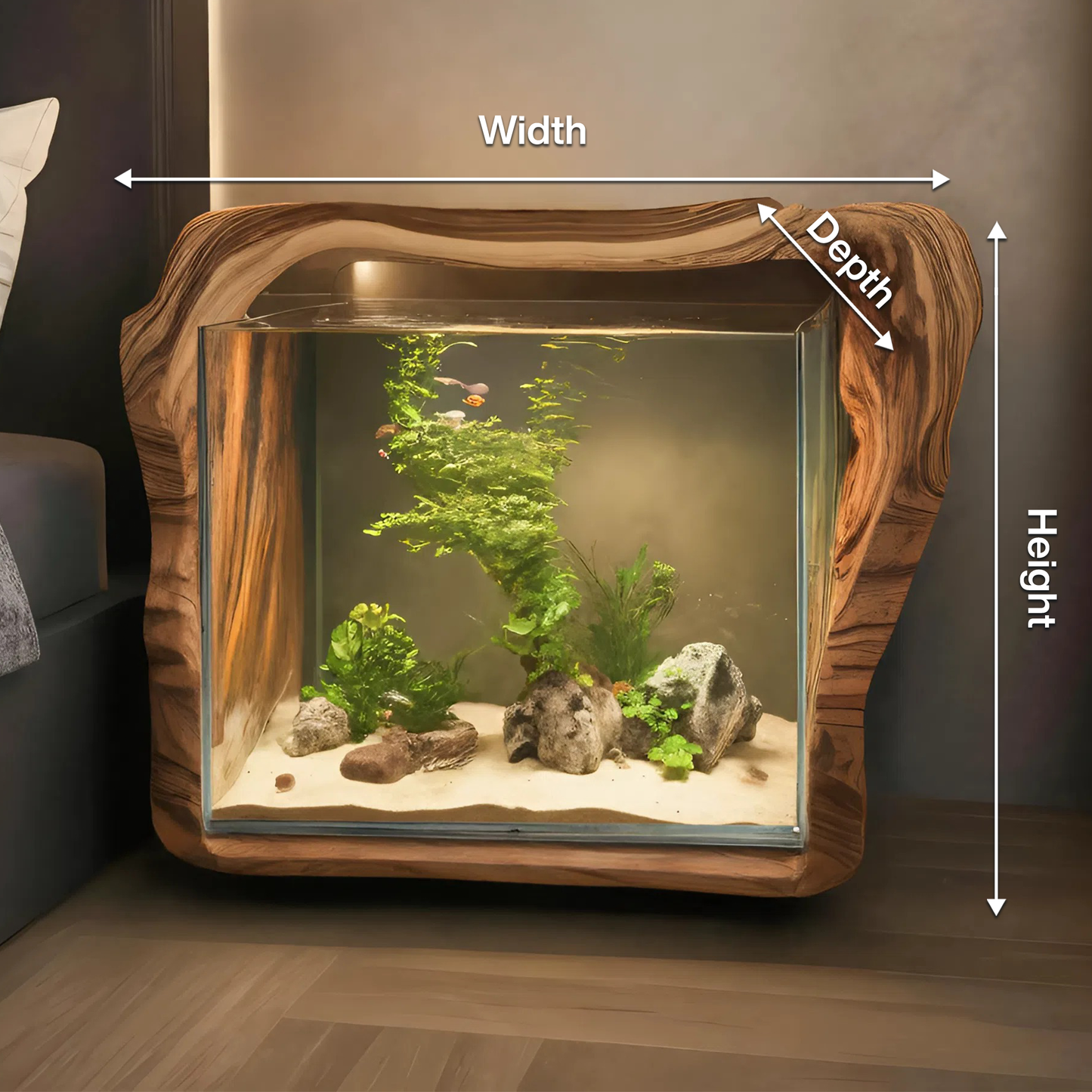 Rustic Live Edge Aquarium Stand With Glass Tank For Bedroom And Living Room