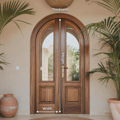 Arched Double Entry Door With Glass Panels For Mediterranean And Spanish Homes