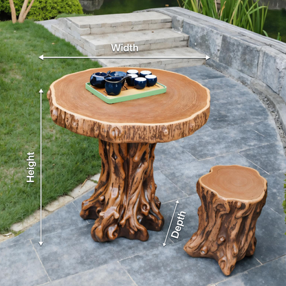 Rustic Tree Trunk Outdoor Table And Stump Seat For Garden And Patio