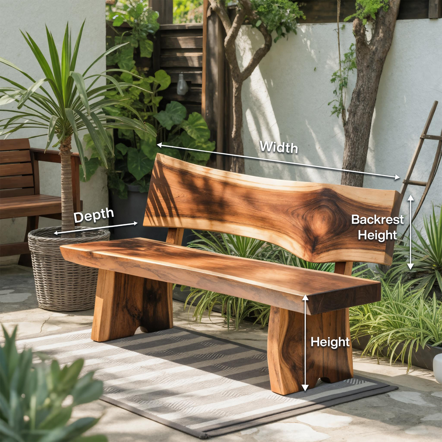 Contemporary Outdoor Wood Bench With Sculpted Back For Patio Or Courtyard