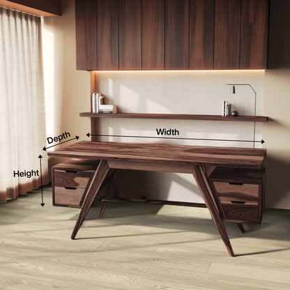 Modern Executive Wooden Desk With Angled Legs And Drawers For Home Office