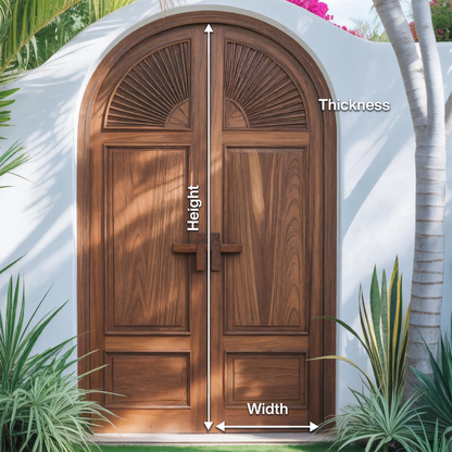 Mediterranean Arched Entry Door With Carved Sunburst For Garden And Villa
