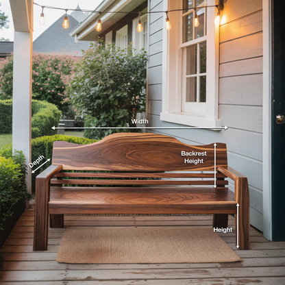 Rustic Outdoor Wooden Bench With Curved Backrest For Garden Or Porch