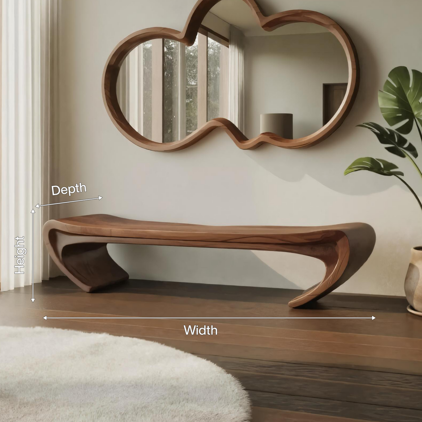 Modern Sculptural Wood Bench For Entryway Or Living Room