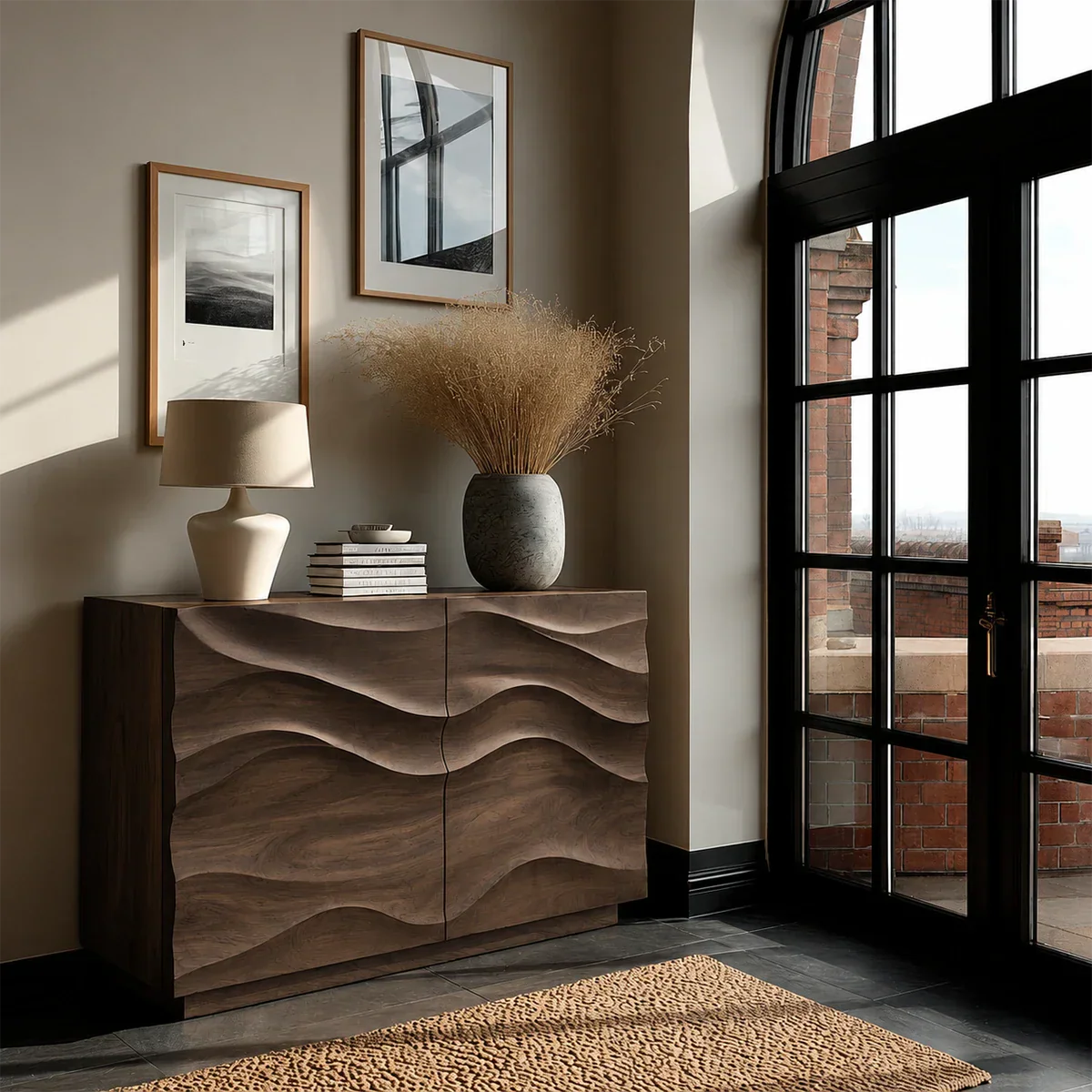 Elegant buffet sideboard with layered carved surfaces and refined storage functionality