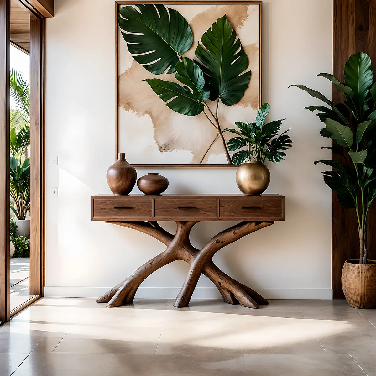 Organic Branch Base Console Table in Natural Solid Wood for Entryway