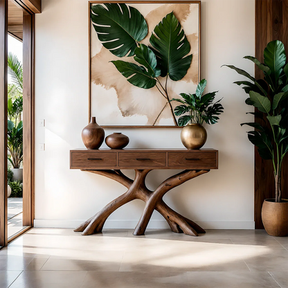 Organic Branch Base Console Table in Natural Solid Wood for Entryway