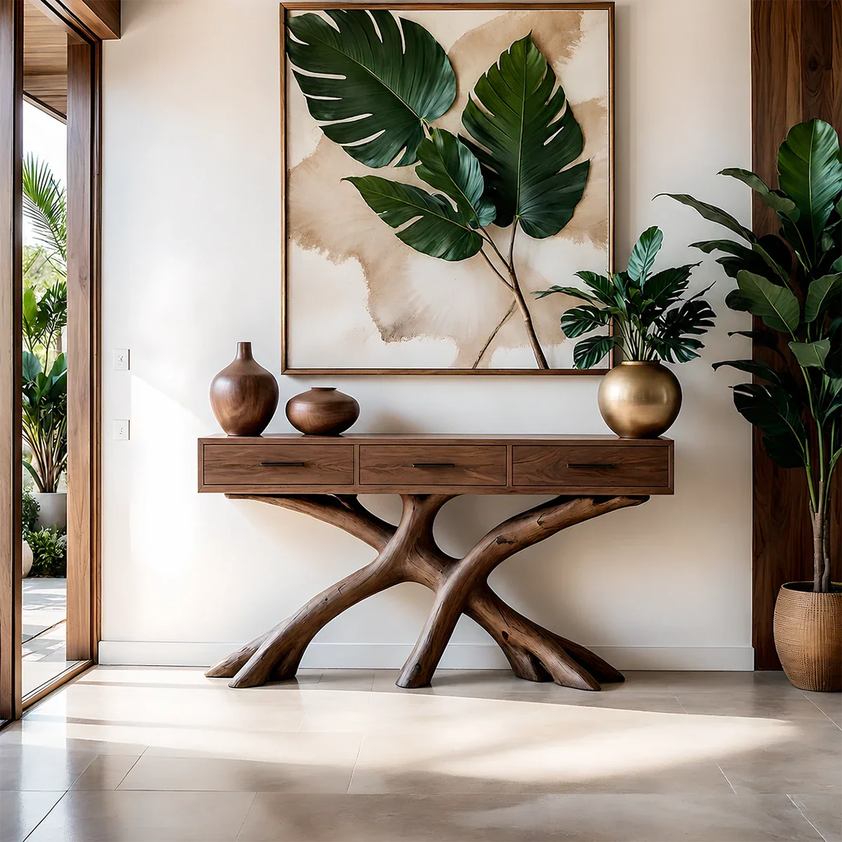 Organic Branch Base Console Table in Natural Solid Wood for Entryway