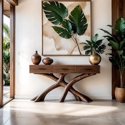 Organic Branch Base Console Table in Natural Solid Wood for Entryway