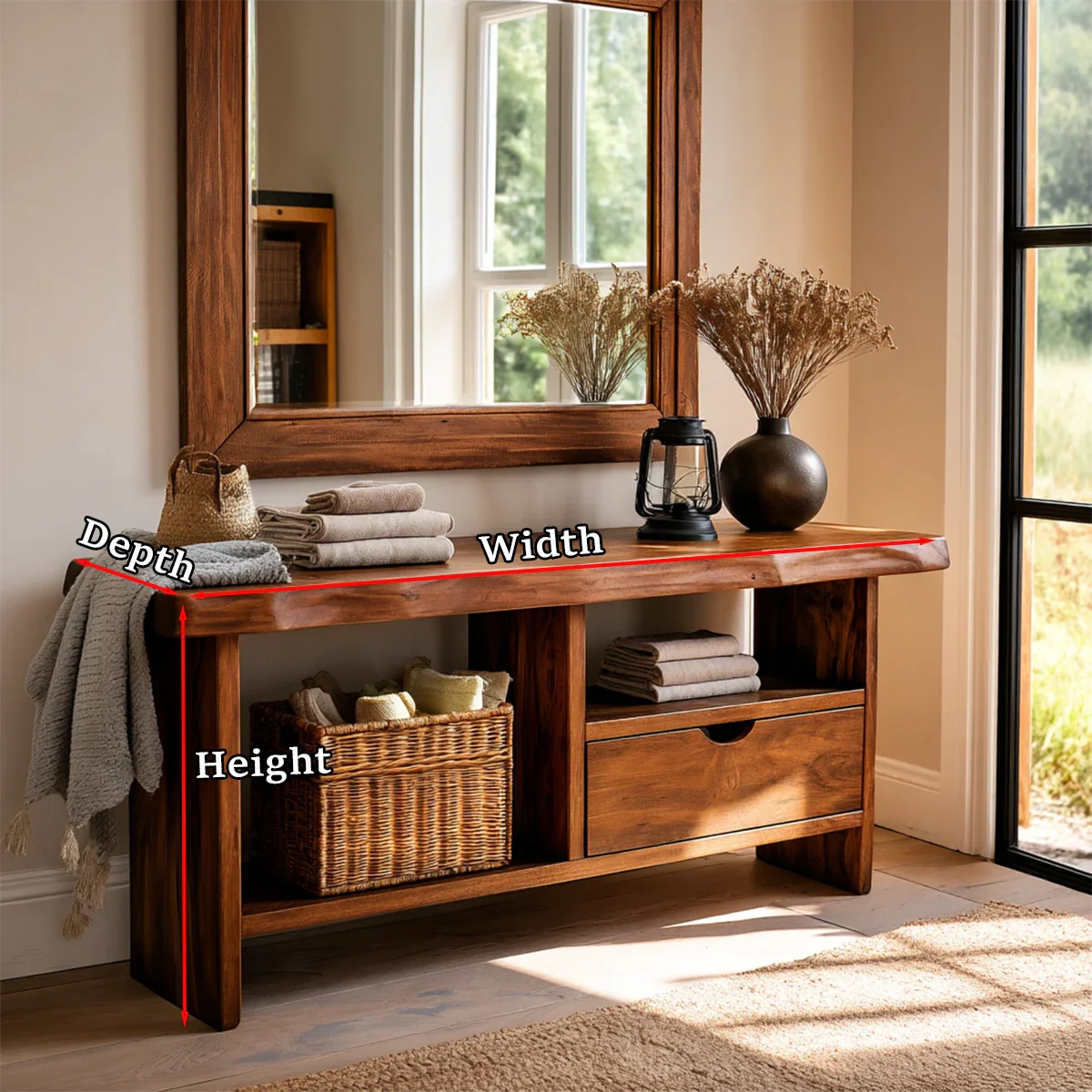 Streamlined entryway console with spacious drawer and lower shelf display storage