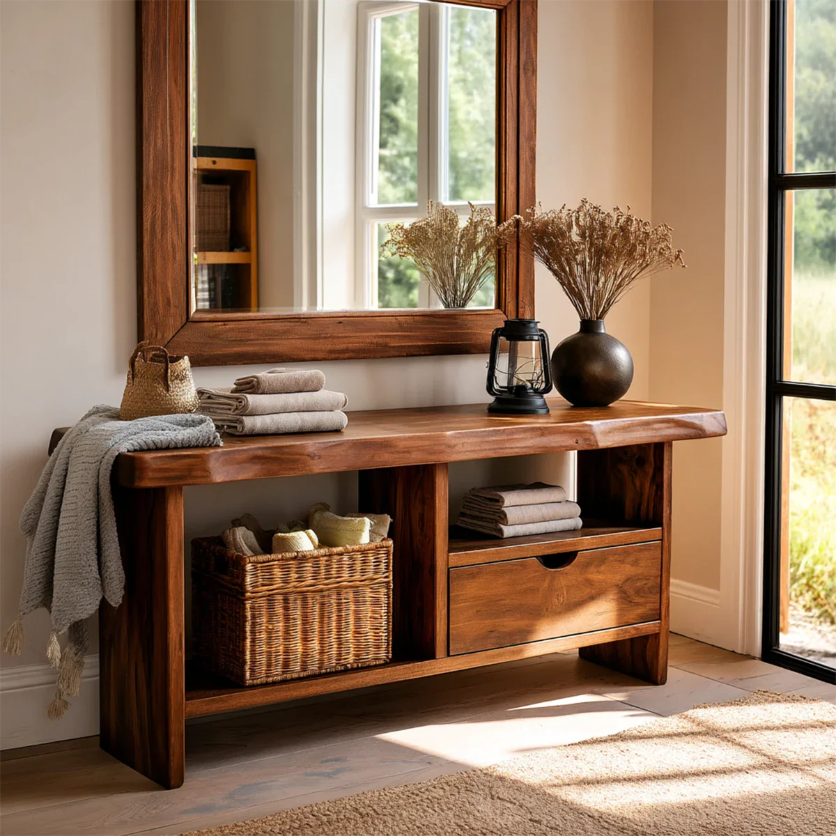 Contemporary entryway table featuring spacious storage drawer and functional lower shelf