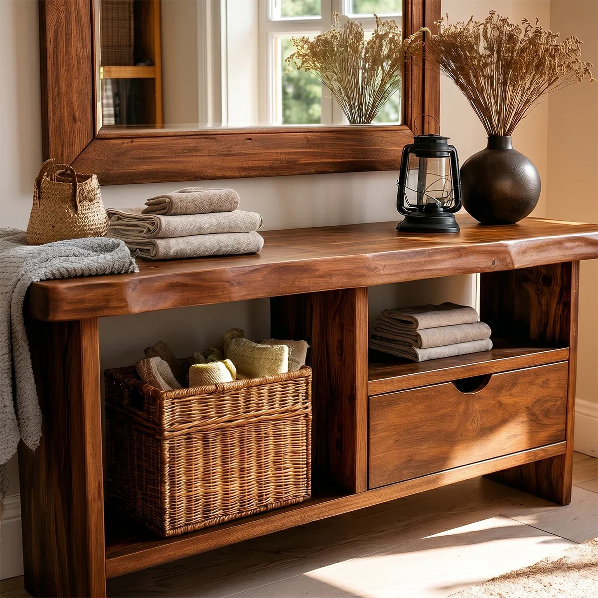 Minimalist hallway console with integrated drawer storage and open display compartment
