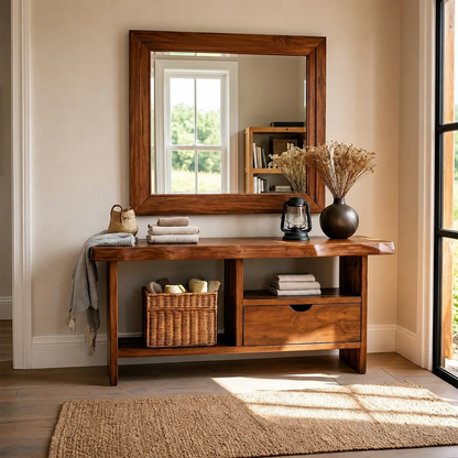 Versatile foyer console table with concealed drawer storage and open shelf compartment