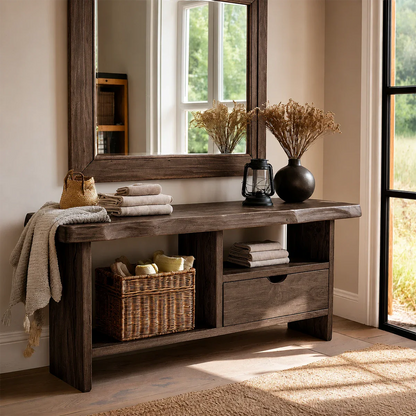 Contemporary sofa table with functional storage drawer and spacious display shelf below