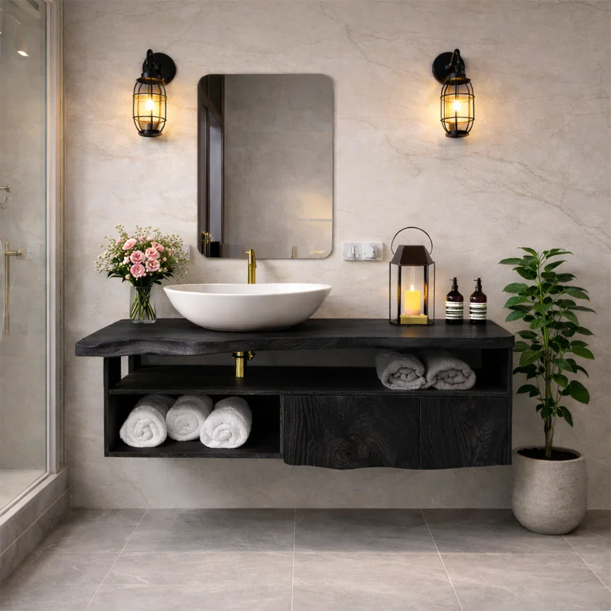 Premium suar wood floating bathroom vanity in spa style bathroom