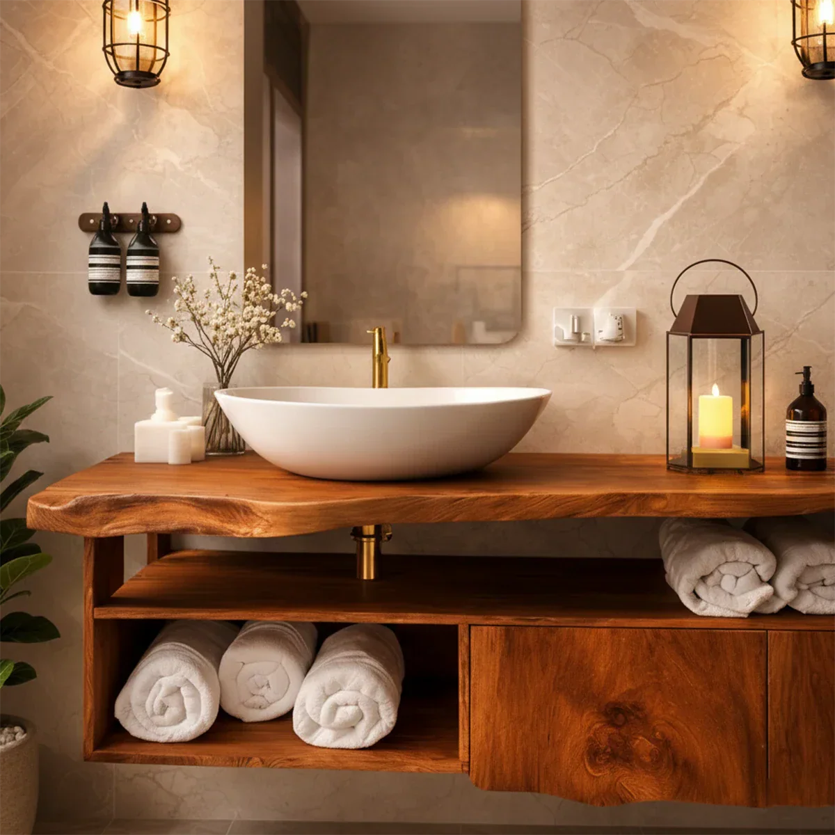 Solid suar wood floating bathroom vanity with towel storage shelf