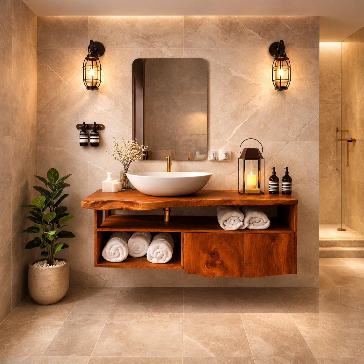 Live Edge Natural Solid Wood Floating Bathroom Vanity With Open Shelf Storage