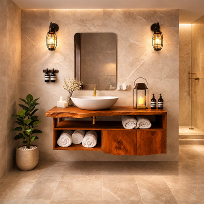 Live Edge Natural Solid Wood Floating Bathroom Vanity With Open Shelf Storage
