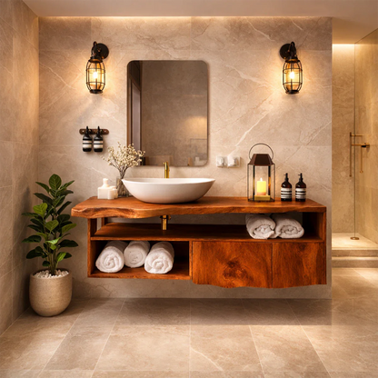 Live Edge Natural Solid Wood Floating Bathroom Vanity With Open Shelf Storage