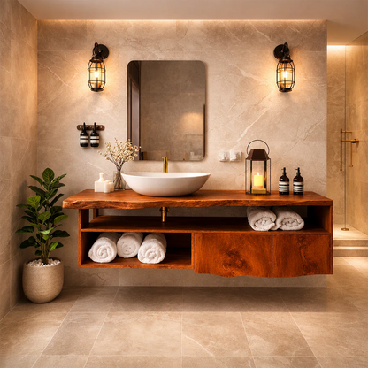 Live Edge Natural Solid Wood Floating Bathroom Vanity With Open Shelf Storage