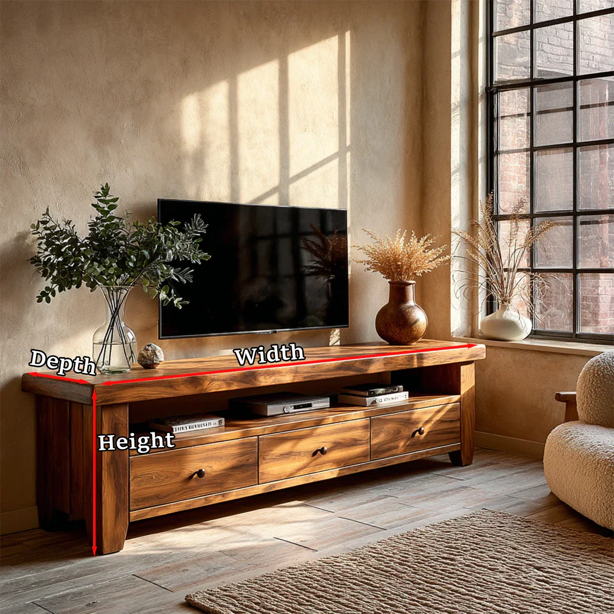 Natural light highlights wooden TV stand with drawers in calm and inviting living room