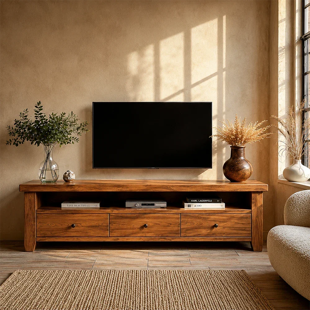 Wooden TV stand with a television, decorative items, and plants in a living room setting.
