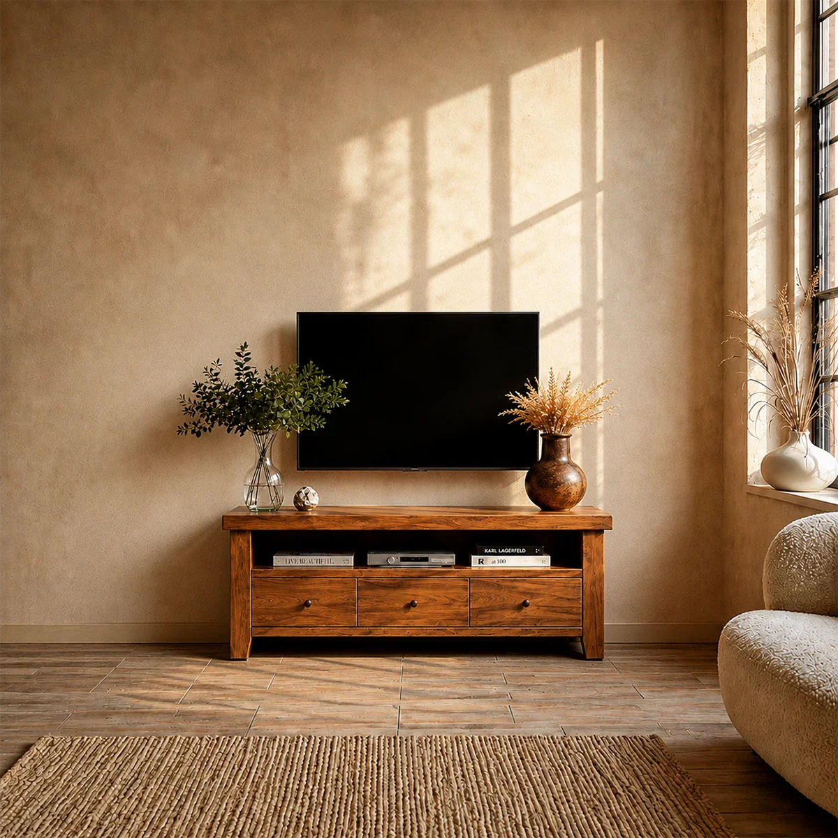 Modern Natural Wood TV Stand with Three Drawers and Open Shelf Storage for Living Room