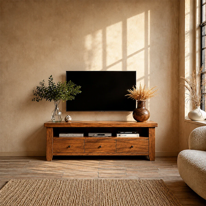 Modern Natural Wood TV Stand with Three Drawers and Open Shelf Storage for Living Room