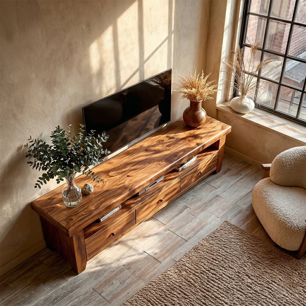 Earthy living room setup with wooden TV unit and practical drawer storage design