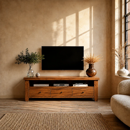 Modern Natural Wood TV Stand with Three Drawers and Open Shelf Storage for Living Room
