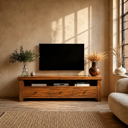 Modern Natural Wood TV Stand with Three Drawers and Open Shelf Storage for Living Room