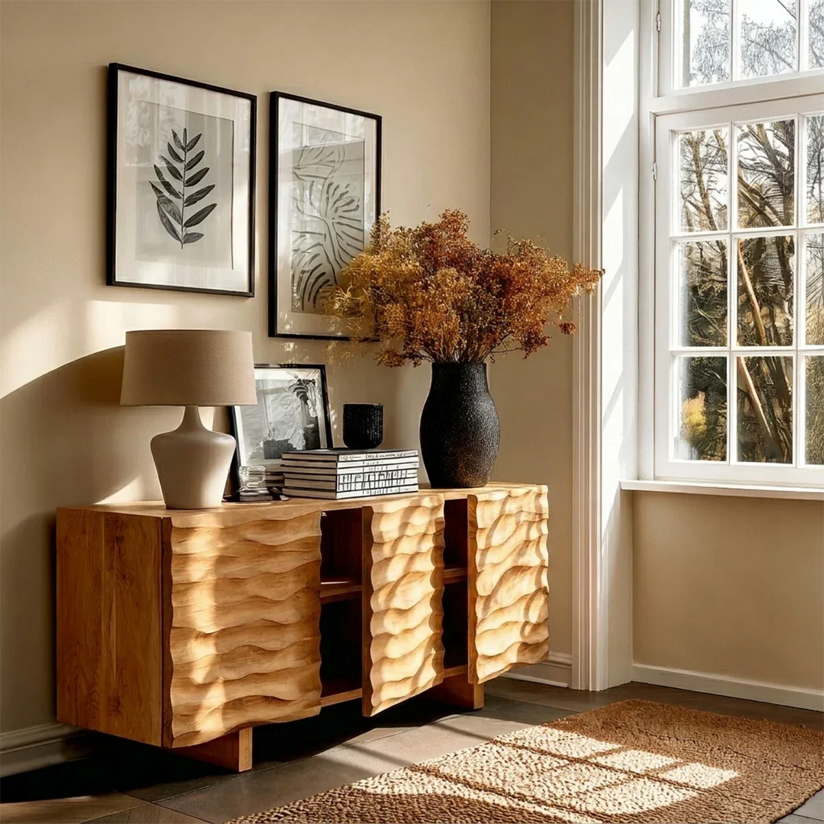 Sculptural storage sideboard with carved texture panels and clean architectural styling