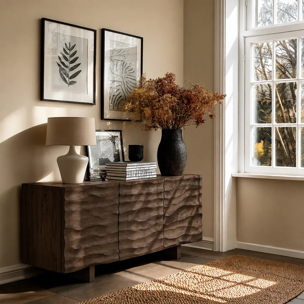 Minimalist sideboard cabinet with textured carved fronts and sleek hidden organization