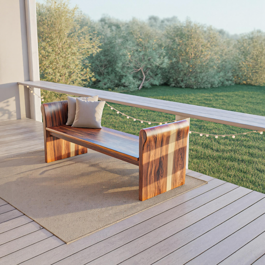 Contemporary Wood Bench With Rounded Armrests For Porch Or Garden