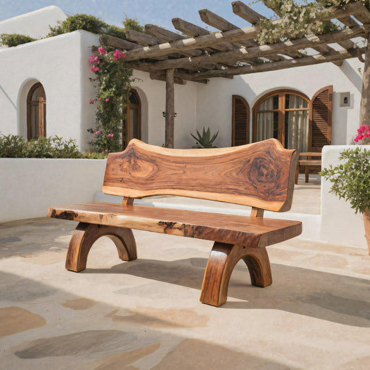 Rustic Live Edge Bench With Backrest For Patio Garden Courtyard