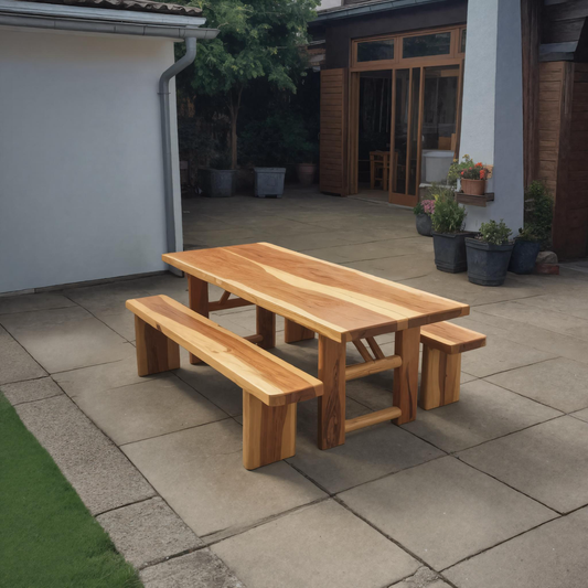 Rustic Outdoor Table With Benches For Garden Or Backyard Gatherings