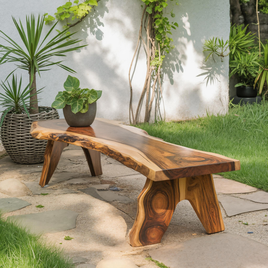 Rustic Live Edge Wooden Bench For Patio Or Garden
