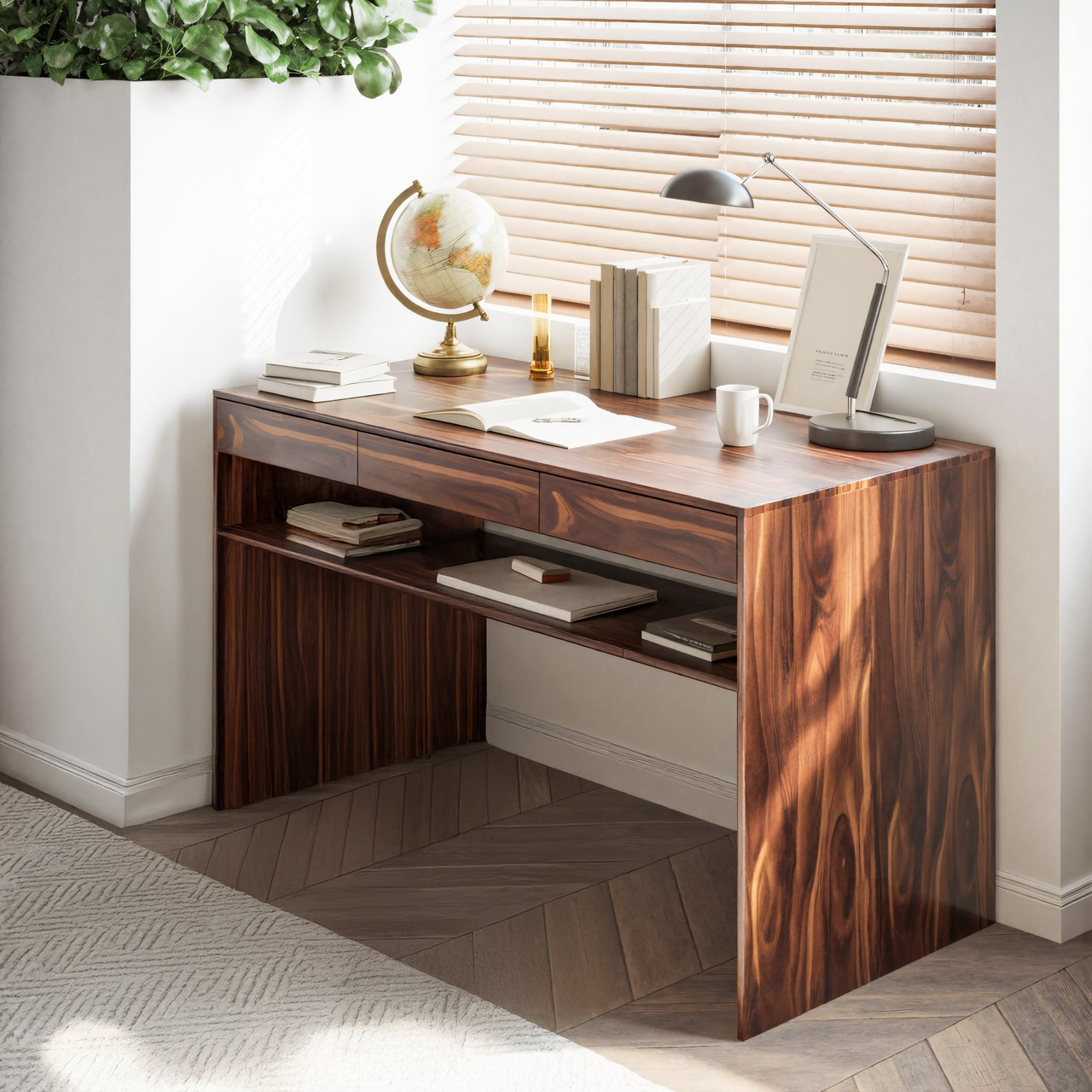 Mid Century Modern Solid Wood Writing Desk With Drawers For Home Office