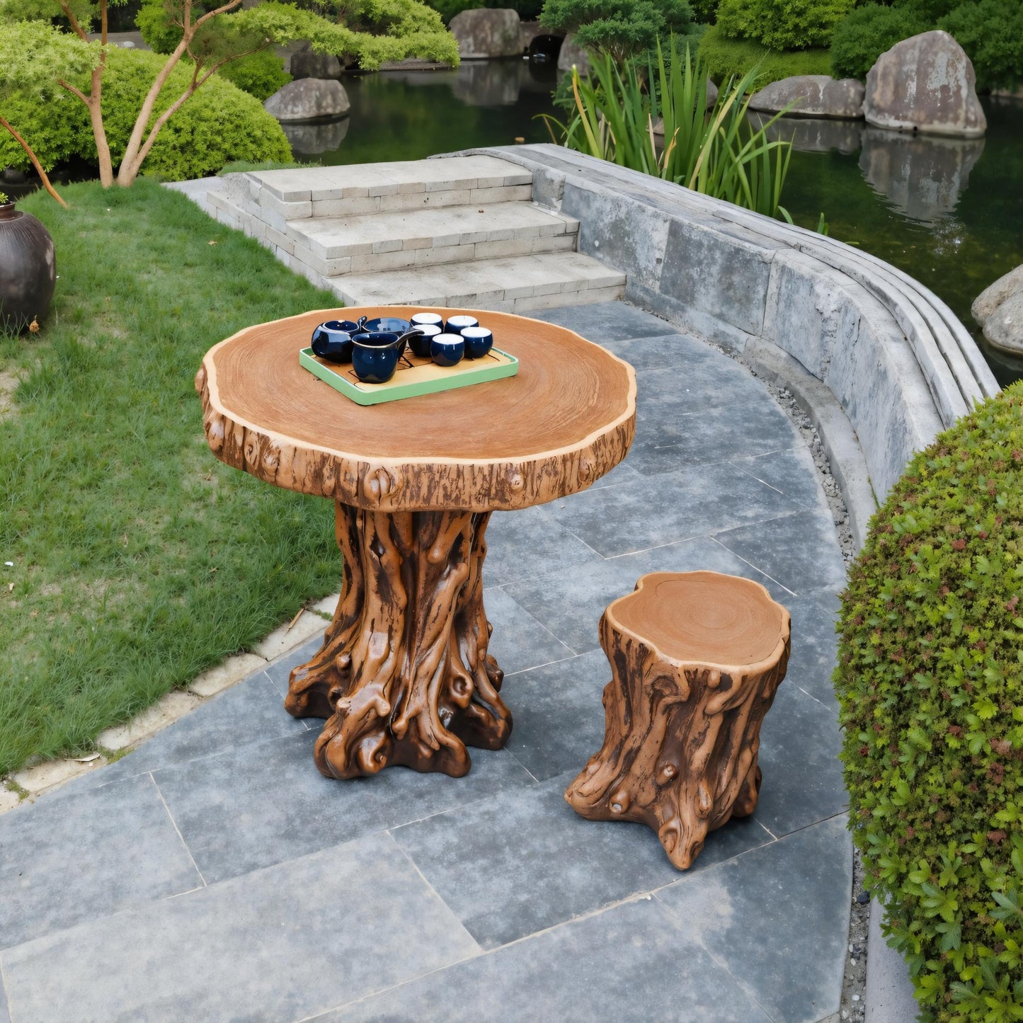 Rustic Tree Trunk Outdoor Table And Stump Seat For Garden And Patio