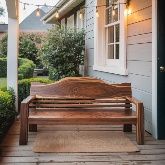 Rustic Outdoor Wooden Bench With Curved Backrest For Garden Or Porch