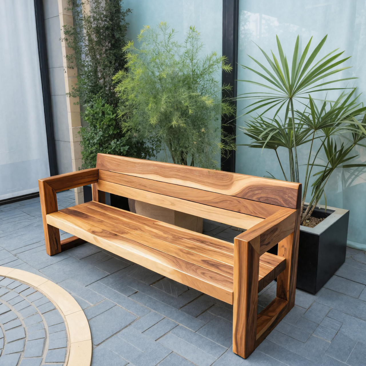 Modern Solid Wood Outdoor Bench With Armrests For Garden Or Entryway