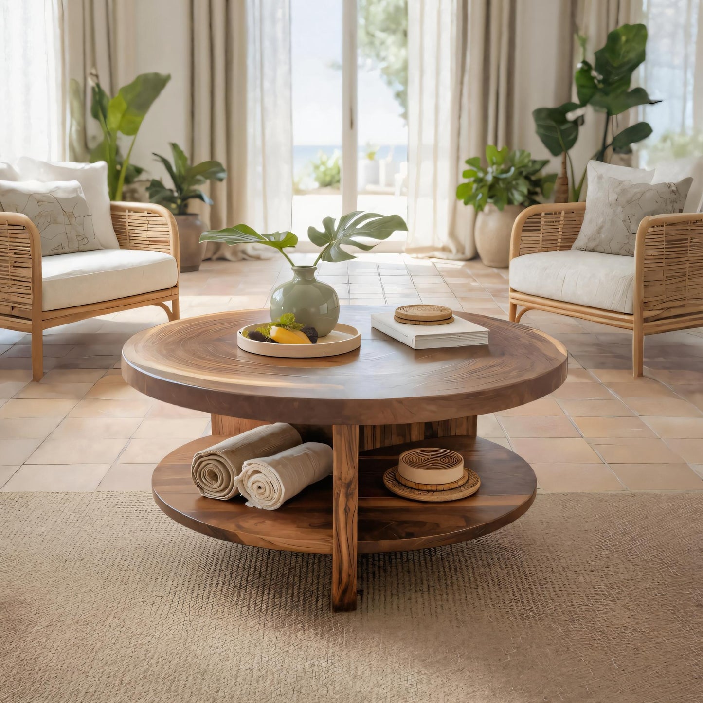 Tropical Round Coffee Table With Shelf For Coastal Living Room And Lounge