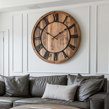 Oversized Rustic Wall Clock With Roman Numerals For Living Room And Entryway