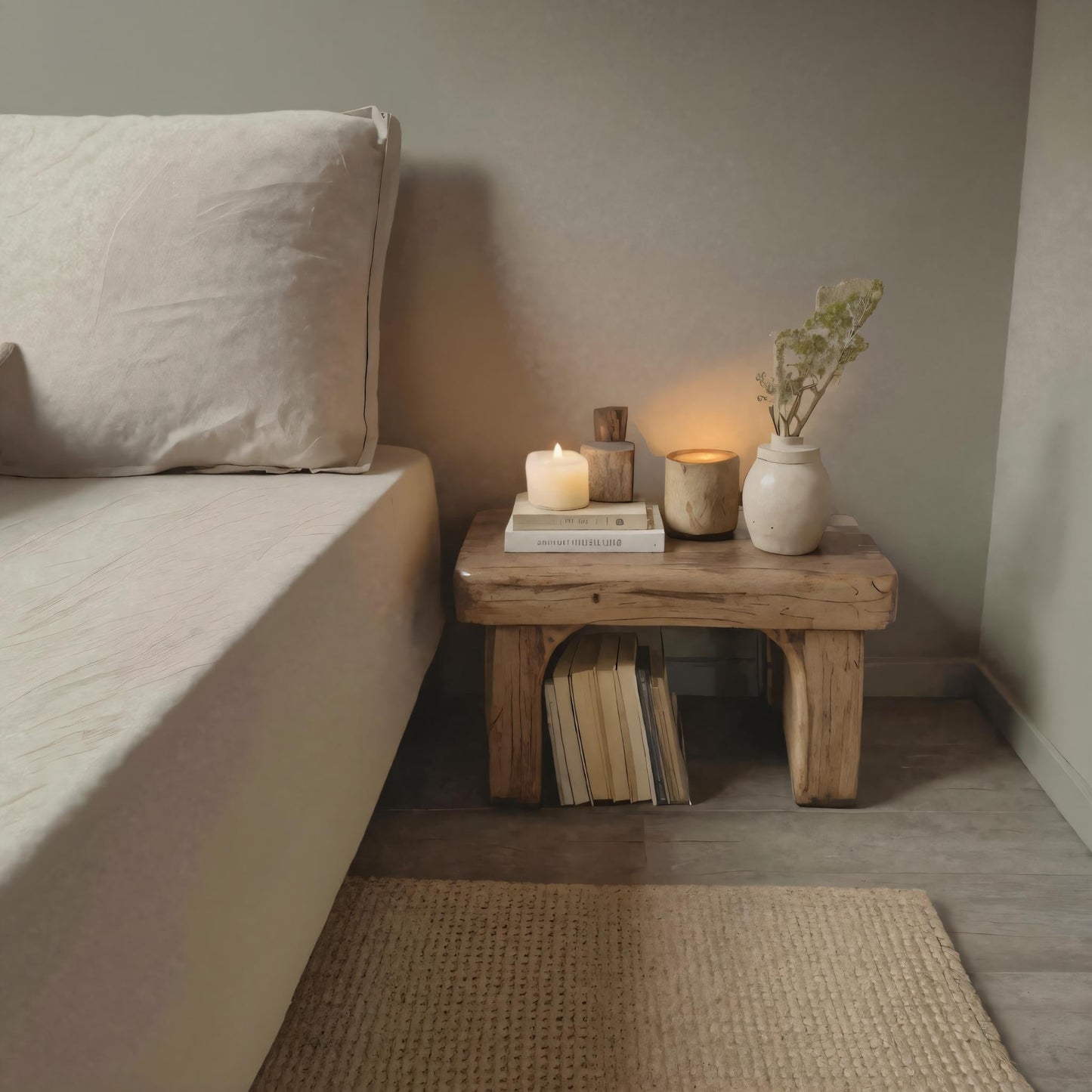 Rustic Nightstand Low Bedside Table With Shelf For Bedroom And Meditation